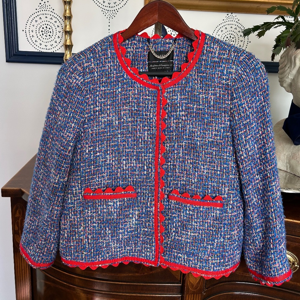 J Crew Blue, Red ric rac trim, tweed blazer, size 4